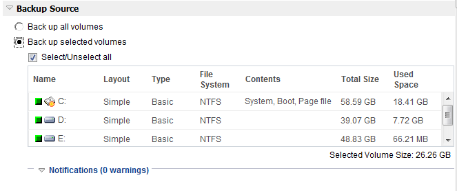 Protection Settings - Select Volume